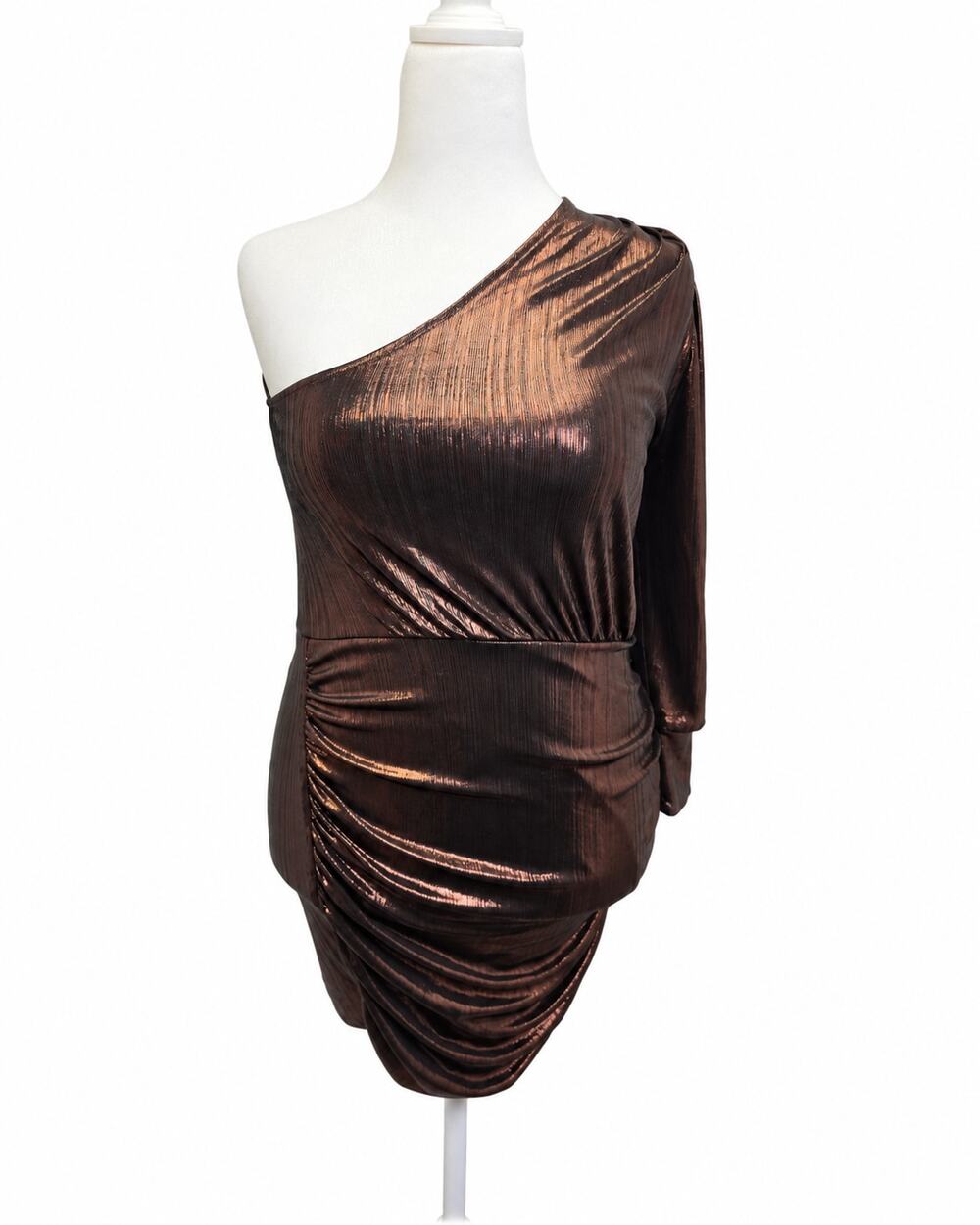 MNG Suit NWT Metallic Bronze One Shoulder Ruched Bodycon Mini Dress Size 8